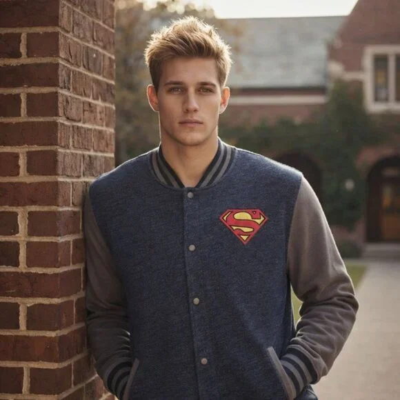 Superman Patch Varsity Bomber Men's XL Blue Heather Snap Jacket DC Comics Rare - Picture 1 of 6